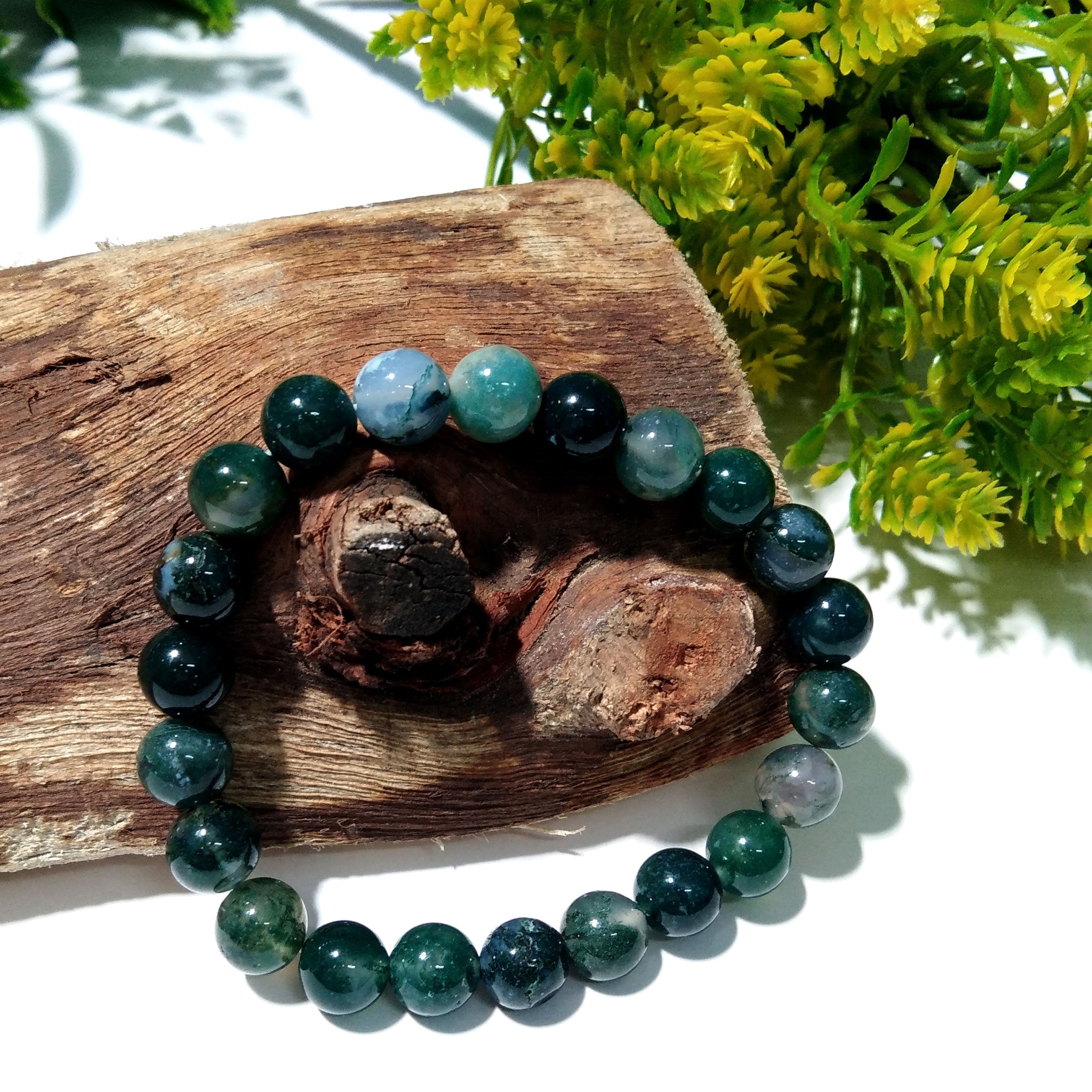 Moss Agate Bracelet Beads Stone, Natural Moss Agate Healing Handmade for Men & Women Round Bracelet, Size 8x8mm Gift Easter day Bracelet